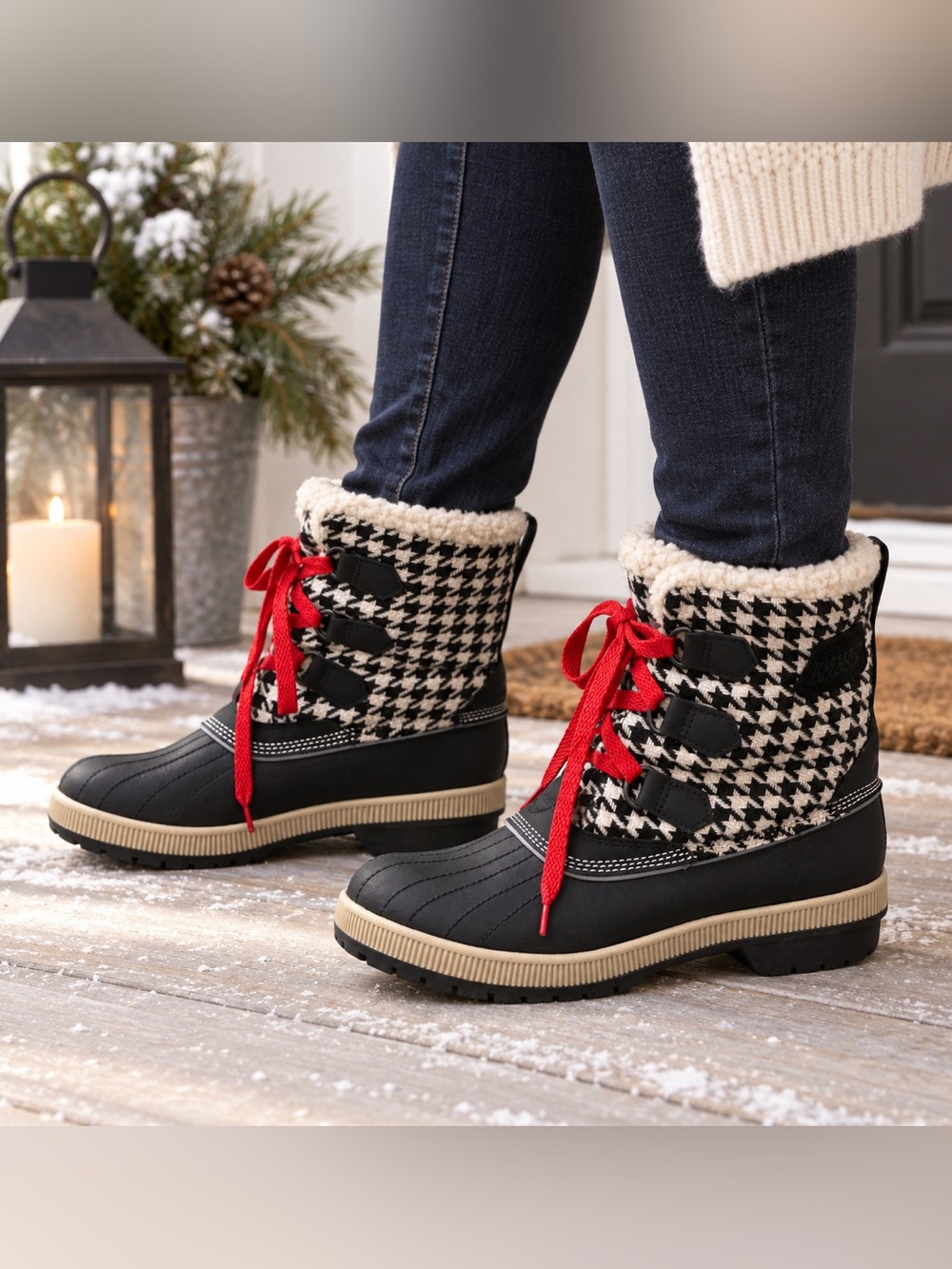 Khombu Telluride Snow Boots Women’s 8M Houndstooth Black Red Faux Fur